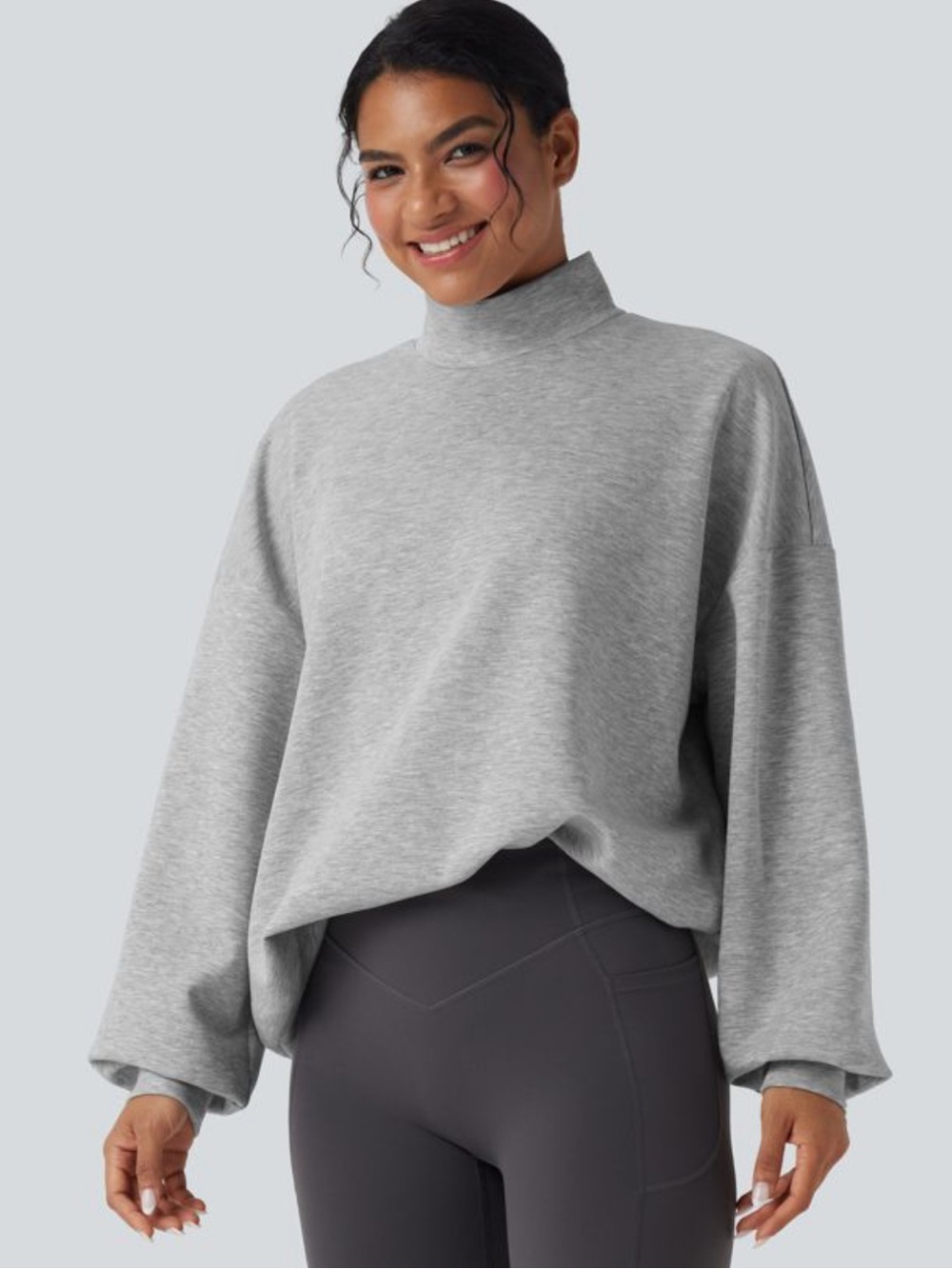 Halara | Gray Mockneck Oversized Casual Pullover Sweatshirt with Pockets XL